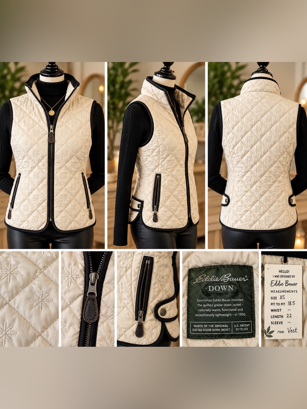 Eddie Bauer Down Quilted Vest XS Cream Black Trim Snowflake